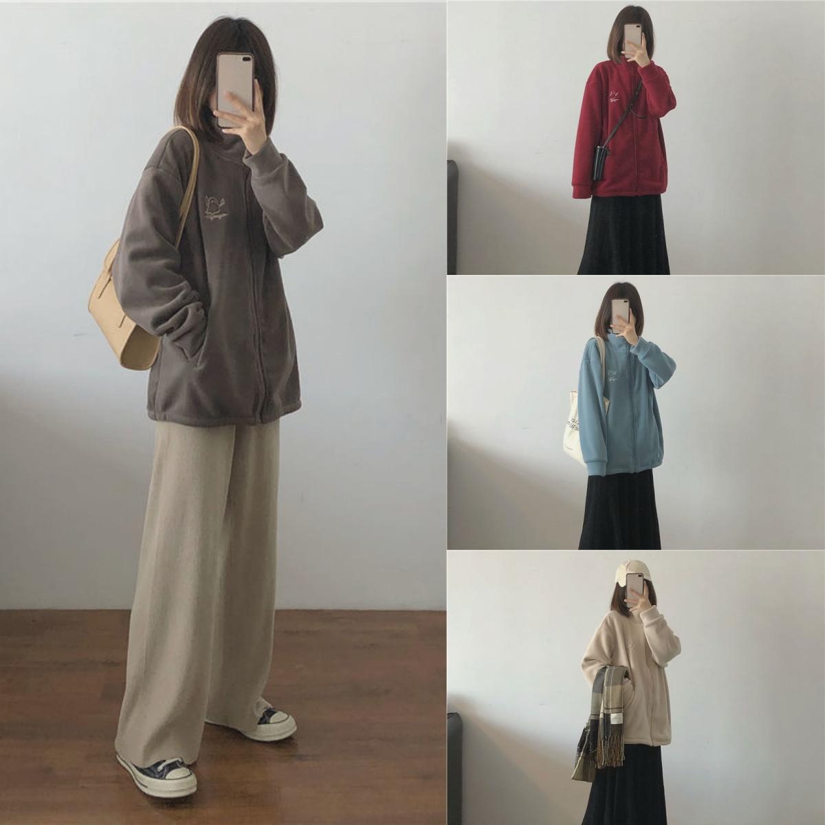 

2024 зима огромный теплый маленький печка утолщенный водолазка на молнии свитер кардиган женская теплая бархатная куртка M абрикосовый