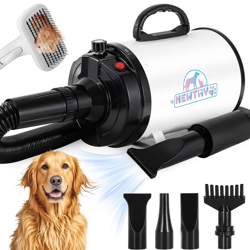NEWTRY Pet Dryer for Dogs Pet Dryer Blower Stepless Speed Control with 3 Nozzles Comes with Brush Wind Speed and Temperature Adjustable Large Air
