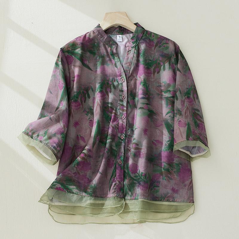 

Летняя художественная свободная блузка с цветочным принтом, женская лоскутная рубашка с v-образным вырезом и коротким рукавом, женский винтажный топ 2XL фиолетовый