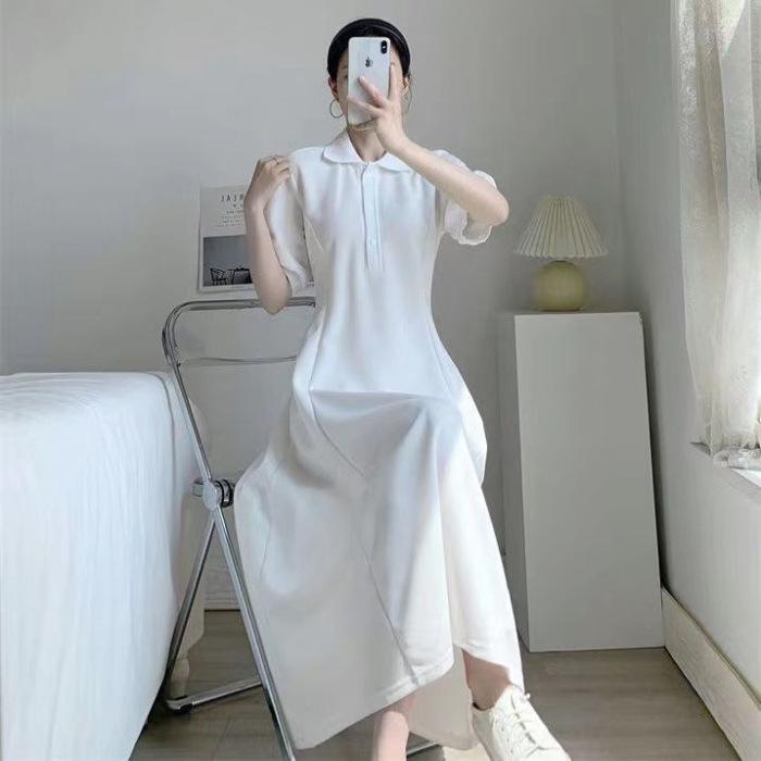 Summer new pure desire college style waist thin POLO collar short sleeve design sense black long dress A-shaped skirt children
