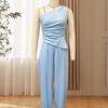 Women Tank Top Pants Two Piece Set Summer One-shoulder Sleeveless Shirt Trousers Solid Color Breathable Loose Casual Top Pants Suit