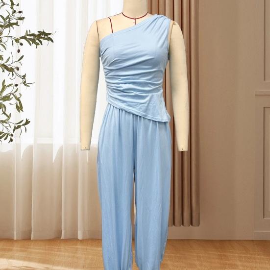 Women Tank Top Pants Two Piece Set Summer One-shoulder Sleeveless Shirt Trousers Solid Color Breathable Loose Casual Top Pants Suit
