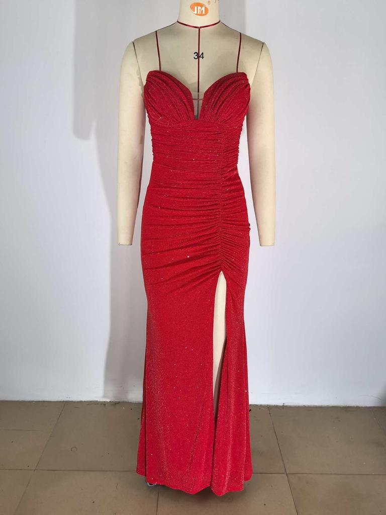 2025 Summer New Product Fashionable and Elegant Solid Color Tube Top, Backless Slim Fit, High Split Fork Fine Flash Hip Dress