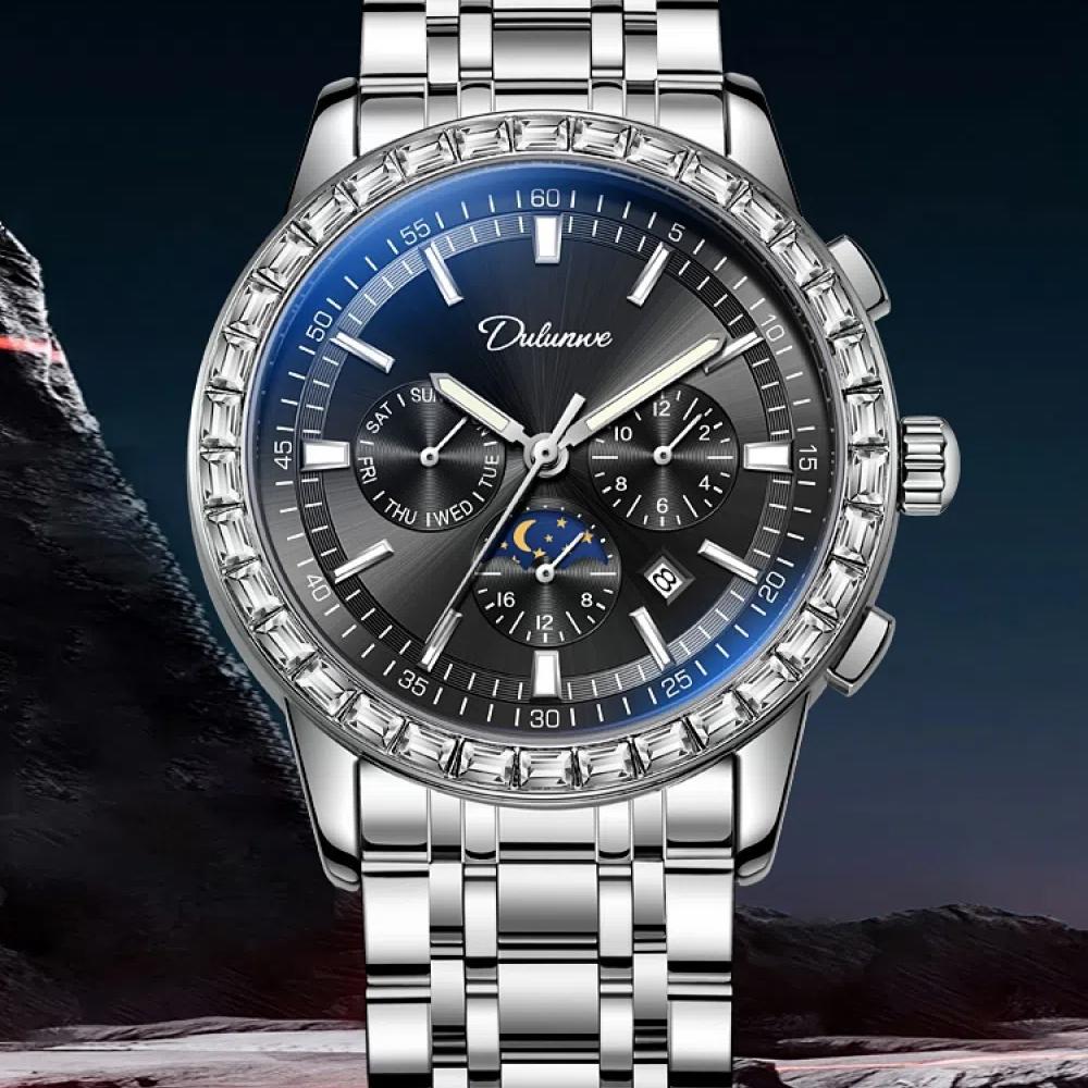 Dulunwe Luxus-Armbanduhr mit Mondphase, leuchtende Wochenkalenderanzeige, Uhren für Herren, modische Edelstein-Automatik-mechanische Uhr