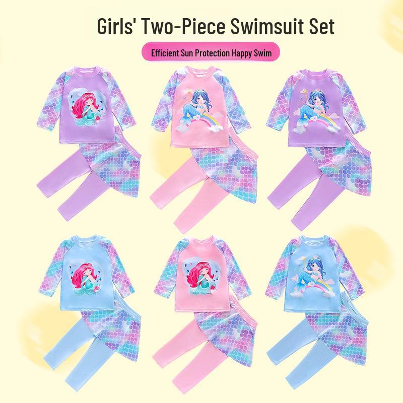 

Girls Long-Sleeve Sunscreen Swimsuit: Quick-Drying Beachwear L [Height 100CM, 20-30 kg]