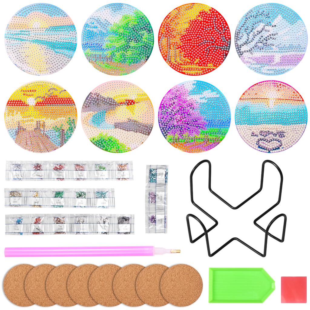 8PCS Diamond Art Painting Coasters with Holder Set, DIY Drink Coasters Art Crafts Supplies for Cup Mat Home Decor  3.9inch