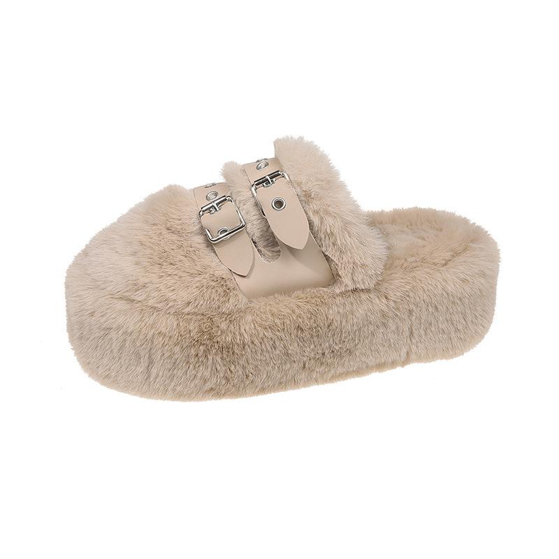 Small thick-soled fluffy slippers for women to wear 2025 autumn and winter new Internet celebrity explosion heightening belt buckle cotton slippers