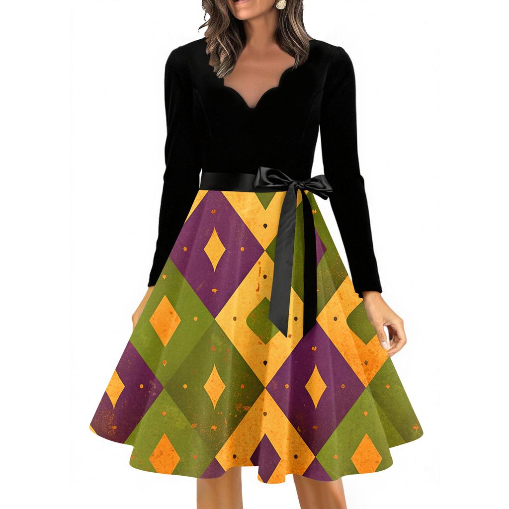 Women's Casual Fashion V Neck Long Sleeve Printed Vintage Long Dress