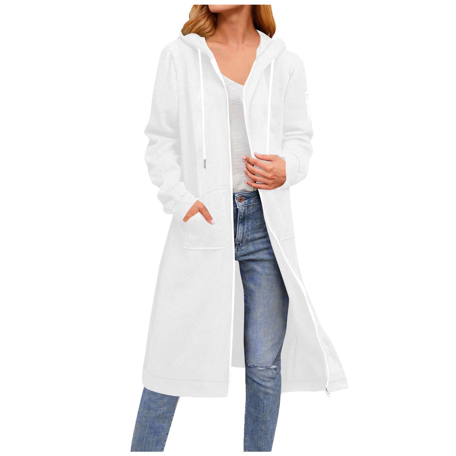 

Женская модная однотонная толстовка с длинным рукавом, капюшоном, карманами и молнией XL белый