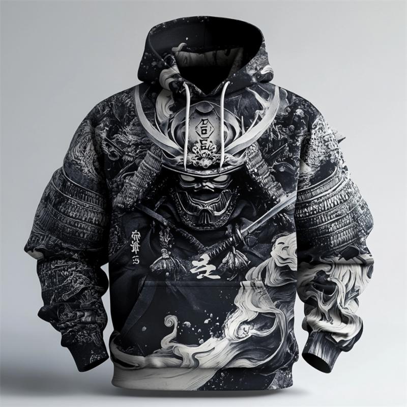 3D Japanese Samurai Print Hoodies For Men Street Hip Hop Harajuku Y2k Clothes Autumn and Winter Casual Sweatshirts Fashion Tops