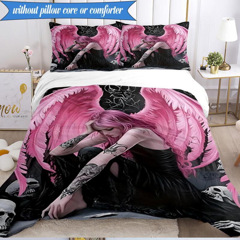 3PCS Ethereal pink Angelic skull Bedding Set,Including 1pc Duvet Cover And 2pcs Pillowcases Perfect for Bedroom, Dormitory, Fan Christmas gift
