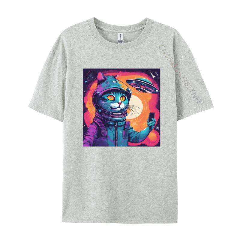Cat Ufo Selfie Tshirt Kitten Lover Cat Tee Printed Tshirts For Men Cotton T Shirt Cool Faddish Casual