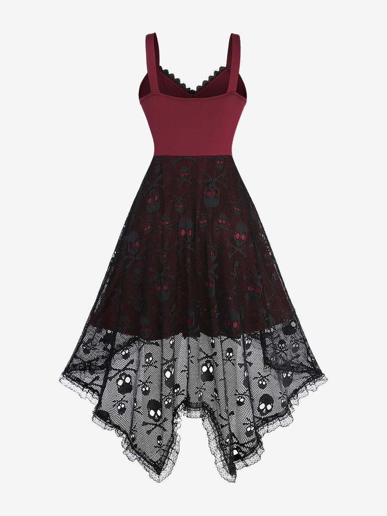 Rosegal Halloween Vampire Costume Gothic Plus Size Lace-up Cross High Low Skulls Mesh Rivet Lace Trim Asymmetrical Tank Dress