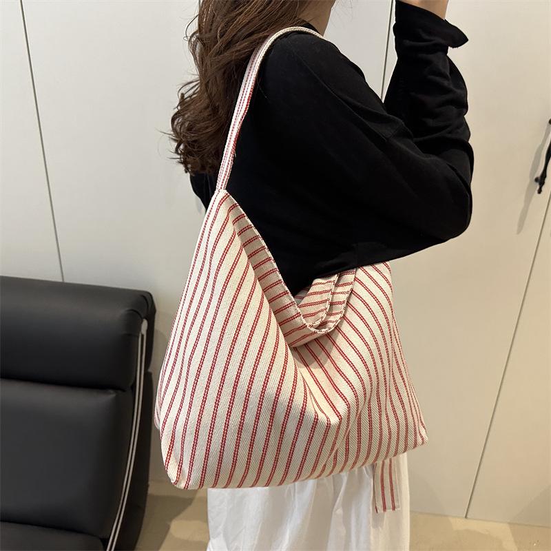 Korean Striped Canvas Bag Women's 2025 New Trendy Fashion College Wind Tote Bag Casual Large-capacity Bucket Bag