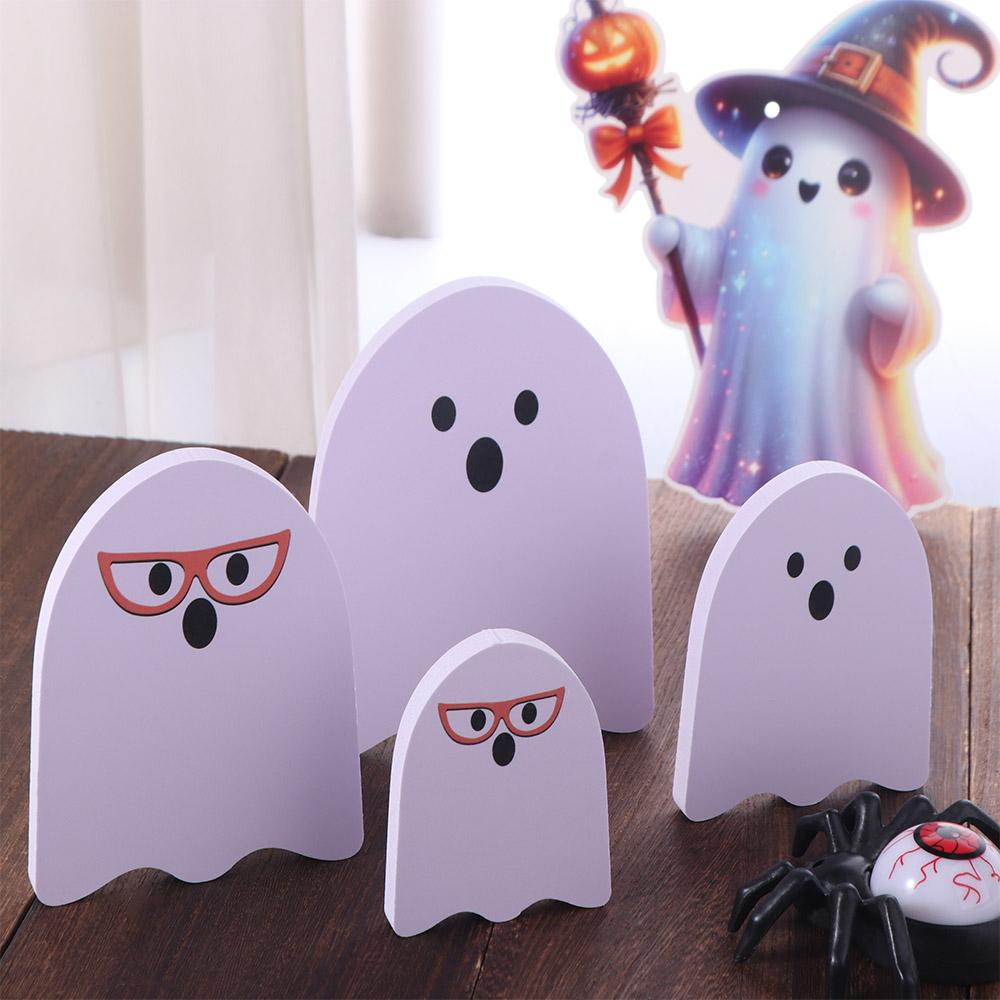 4pcs/set Creative Wooden Halloween Ghost Decor Cute Unique White Ghost Signs Cartoon Funny Ghost Tabletop Decorations Home