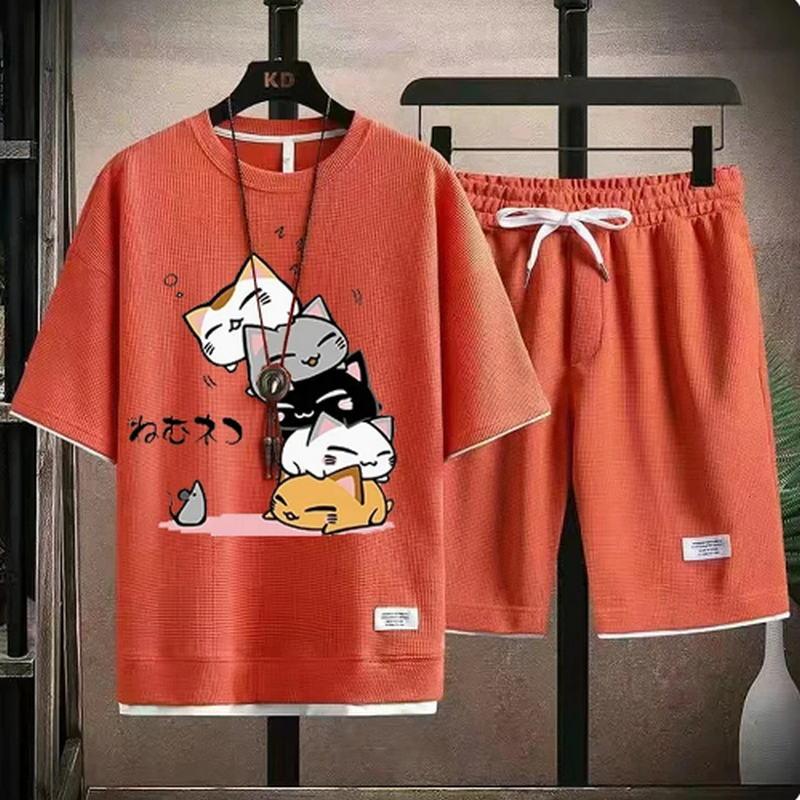 

Мужской летний вафельный комплект, брендовая модная повседневная футболка+шорты свободный и удобный спортивный комплект 3XL оранжевый