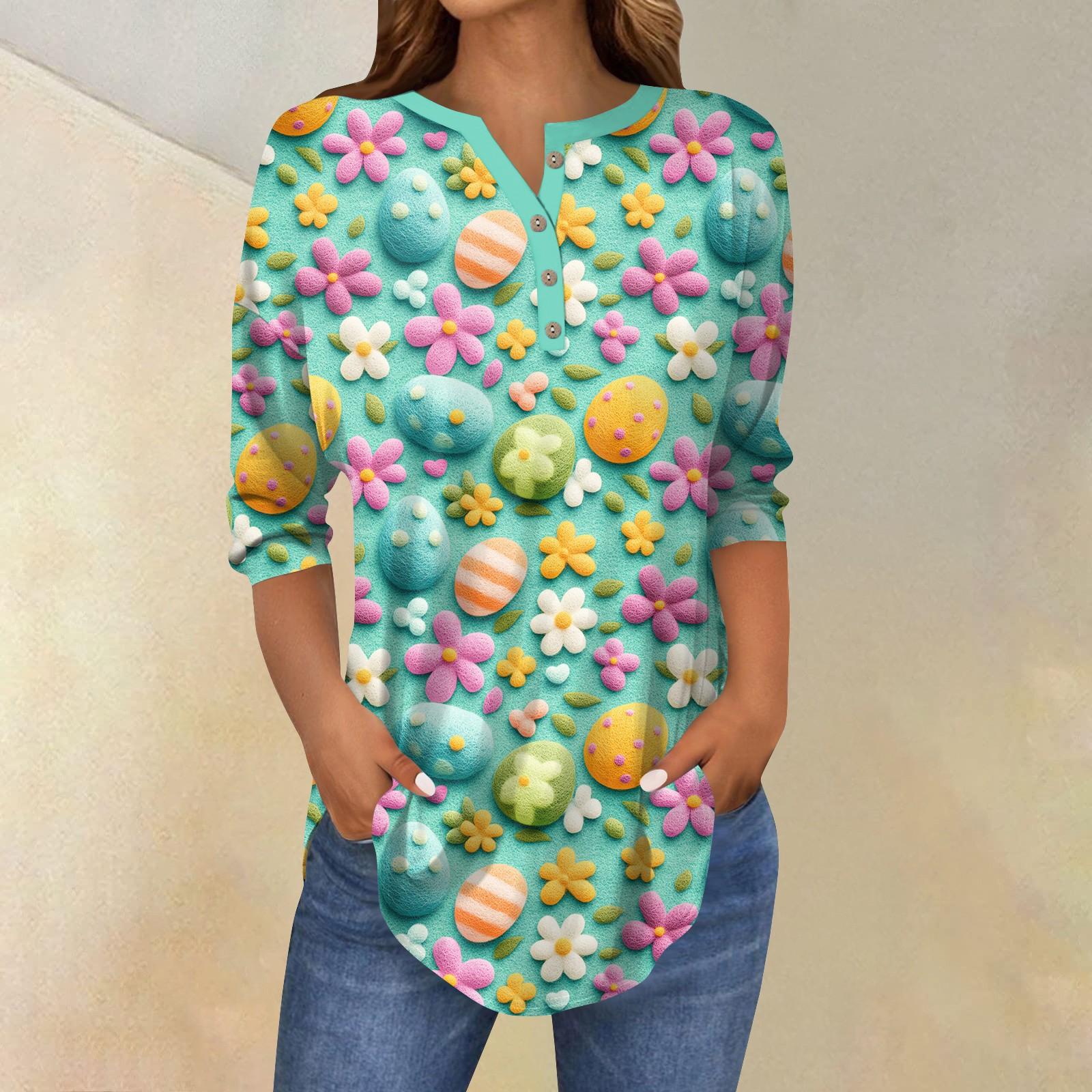 

Женский модный повседневный топ с рукавами 3/4 и принтом пасхального кролика и воротником на пуговицах XL зелёный