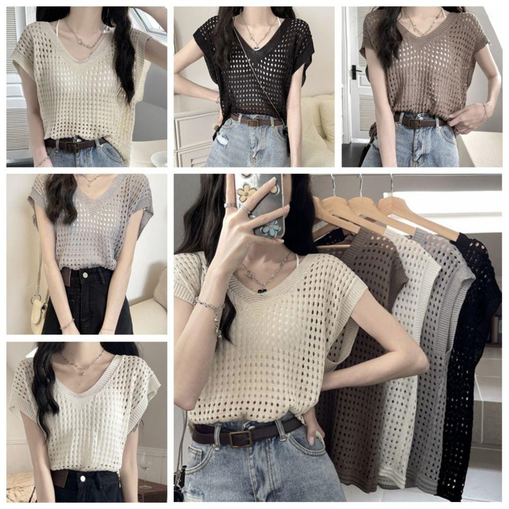 V-neck Hollow Out Knit T-shirt Oversized Beach Crochet Sweater Vest Leisure   Streetwear