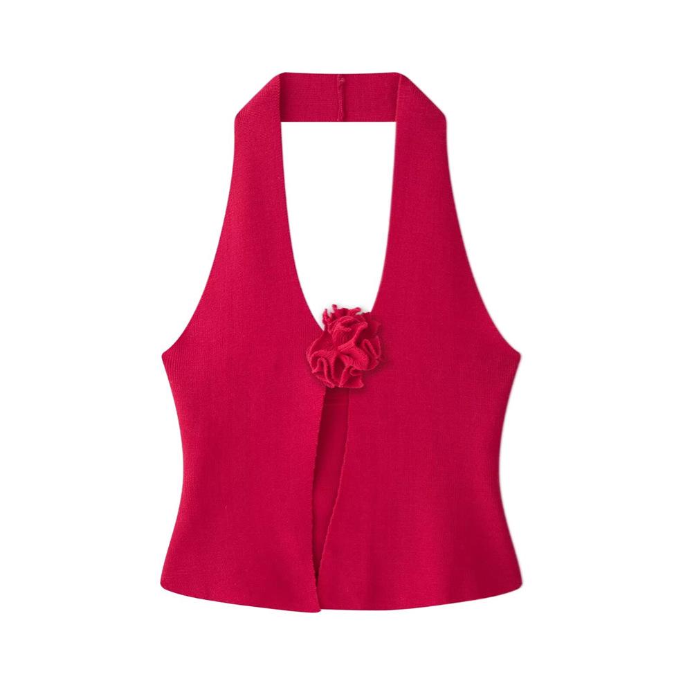 

2025 Spring/Summer Women s Slim Floral Patchwork Halter Knit Vest L