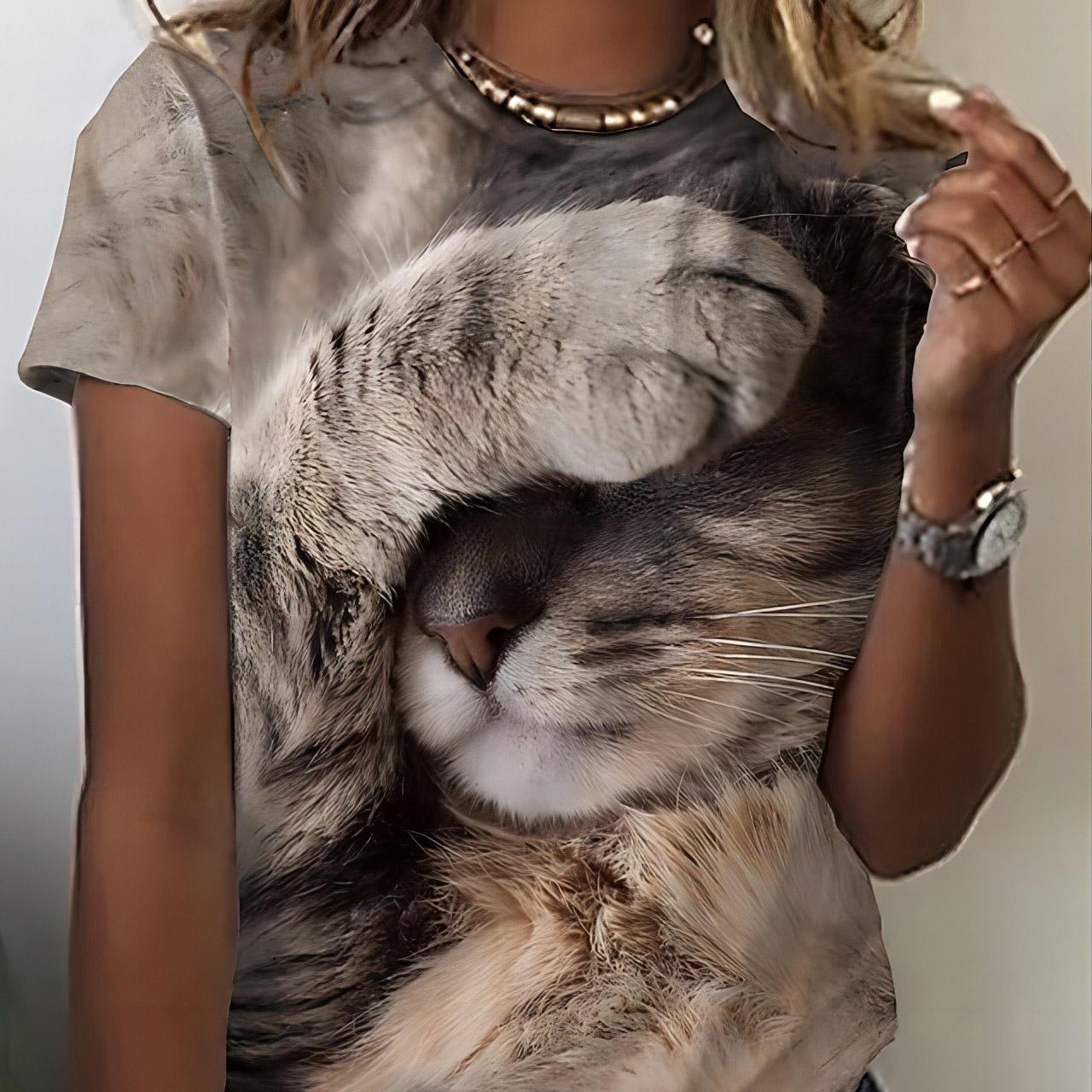 

Женская верхняя летняя футболка с 3D принтом кота, свободные футболки с короткими рукавами и круглым вырезом XXL