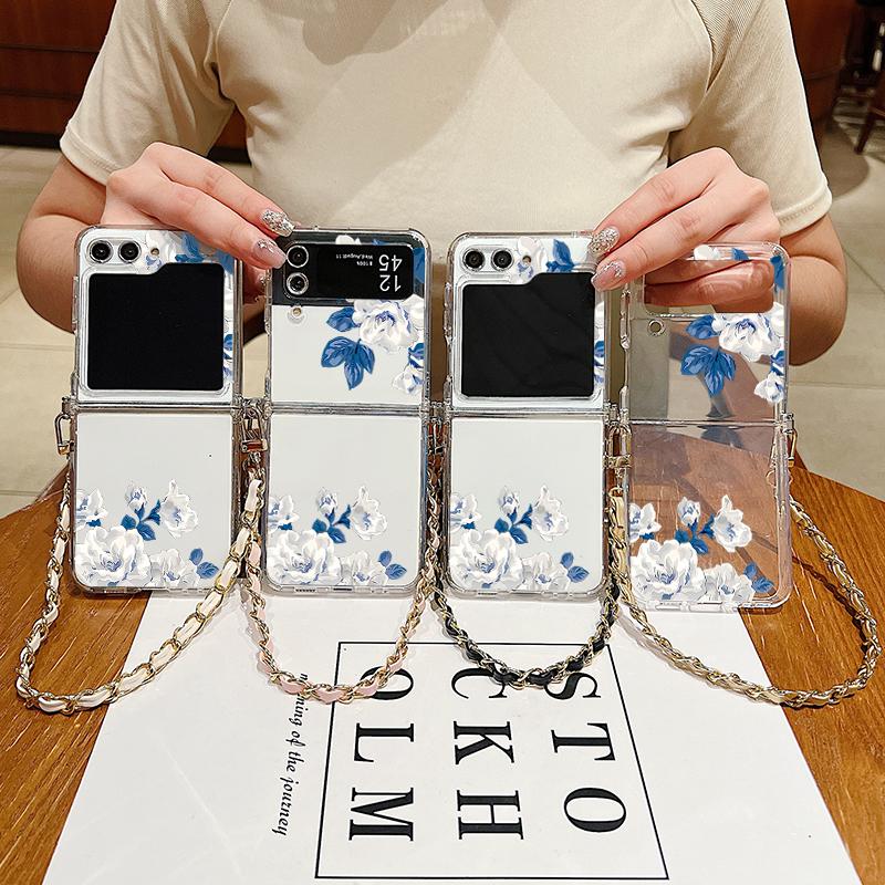 Metal Rope Lanyard Case For Samsung Galaxy Z Flip7 Flip6 Flip5 Flip4 Flip 7 FE 6 5 4 3 5G White Flower Pattern TPU Back Cover