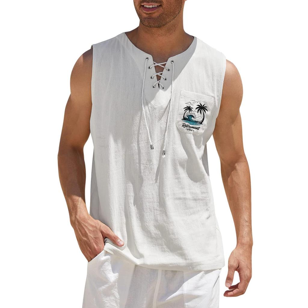 Men's Hawaiian Print Tank Top - Loose Fit Sleeveless Vest with Adjustable Tie for Casual Sports