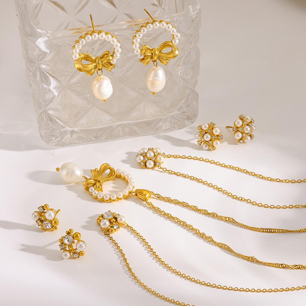 Retro-plated 18K gold stainless steel imitation pearl set bow flower stud earrings necklace non-fading jewelry