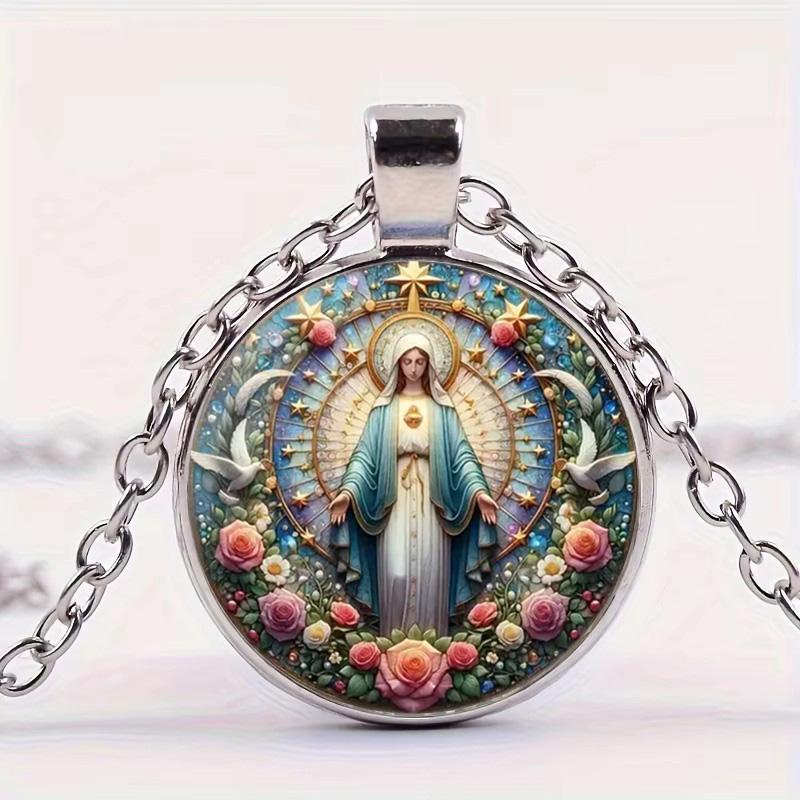 Christian The Holy Family Necklace Round Jesus Glass Dome Cabochon Pendants Necklaces Religious Jewelry