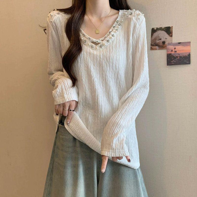 

Women s Plus Size Heavy Beaded V-Neck Long-Sleeve Top - Early Autumn Loose Fit Medium белый