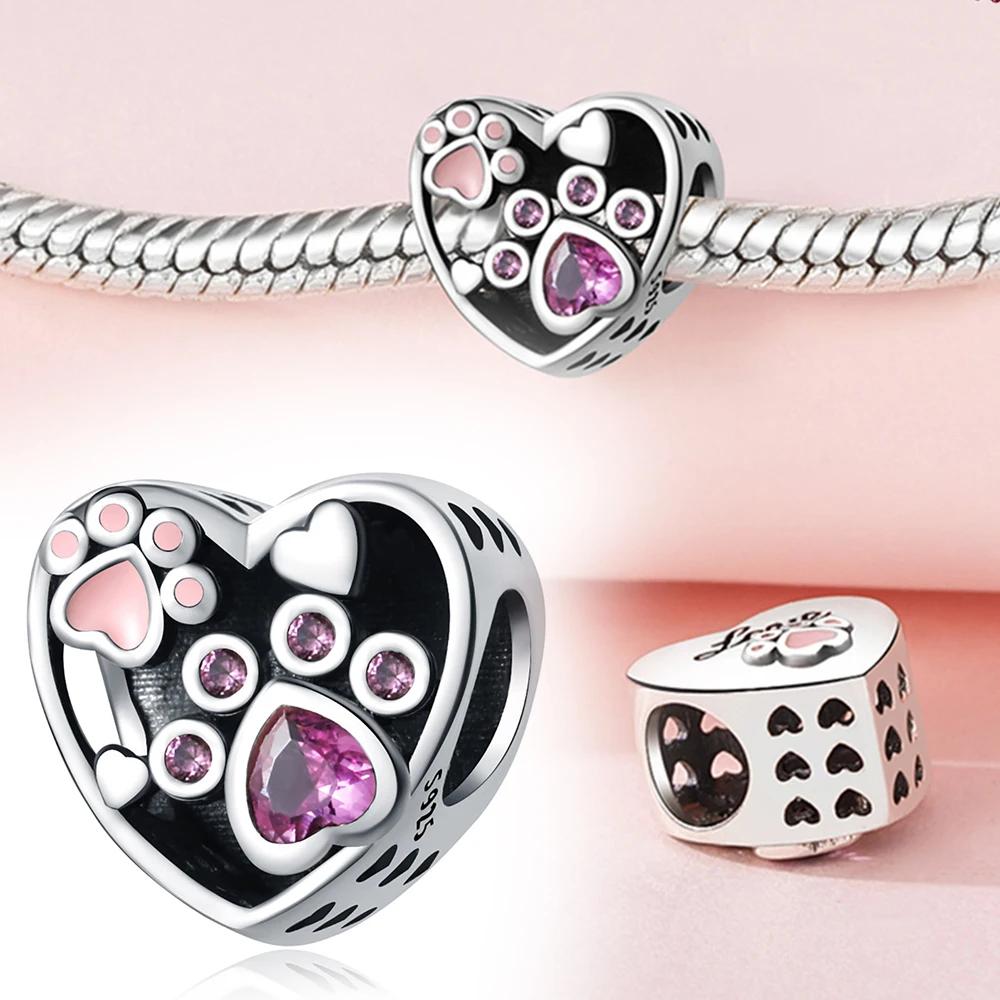S925 Silver Heart Cat Paw Charms Beads for Women DIY Bracelets Fine Jewelry Birthday Gifts