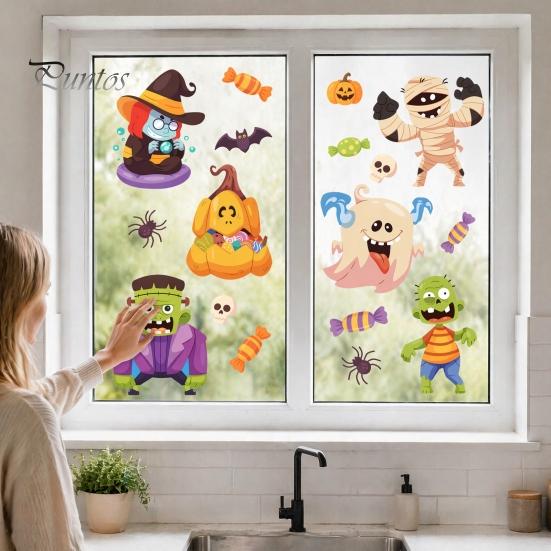 DIY Halloween Window Decorations Static Clings, Cartoon Ghost Pumpkin Witch Monsters Decals, Waterproof Festive Holiday Home Decor Removable