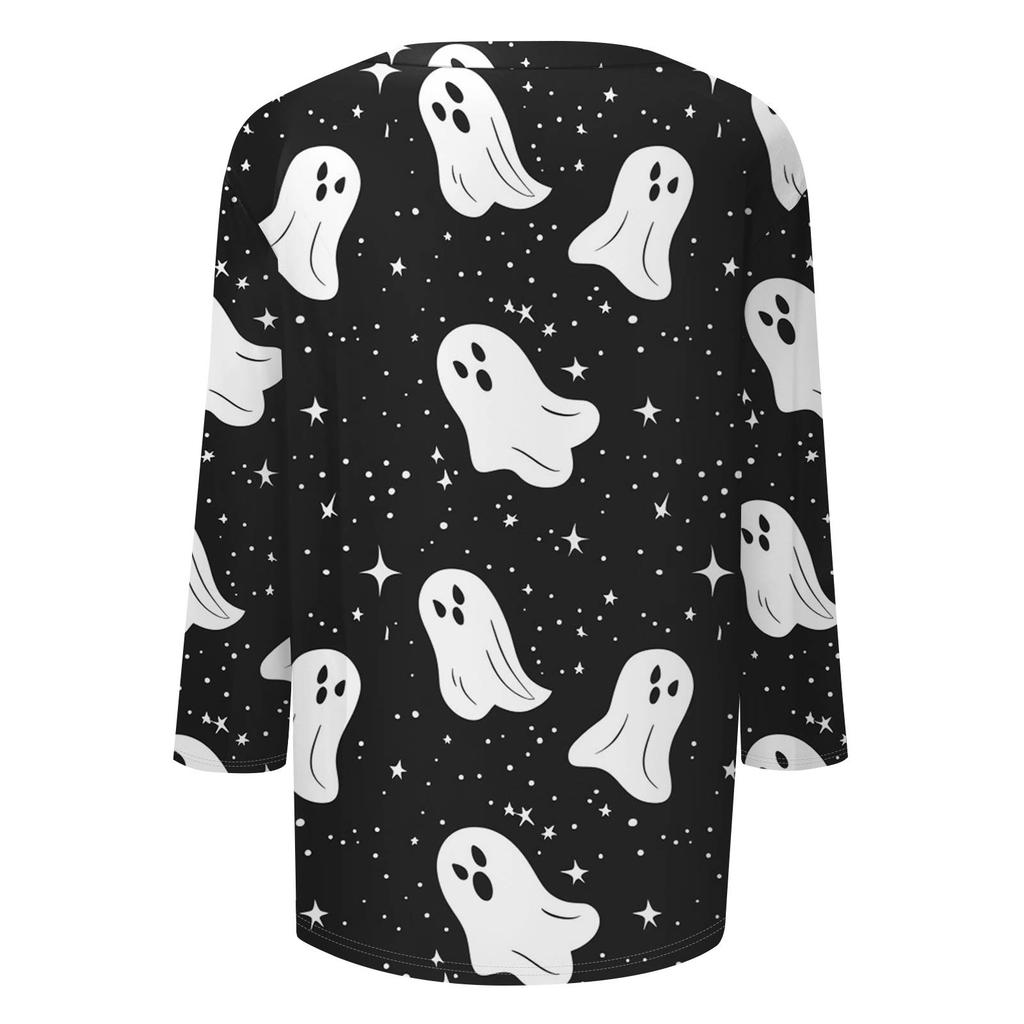 Dámské módní ležérní tričko s tříčtvrtečním rukávem a halloweenským potiskem, s kulatým výstřihem