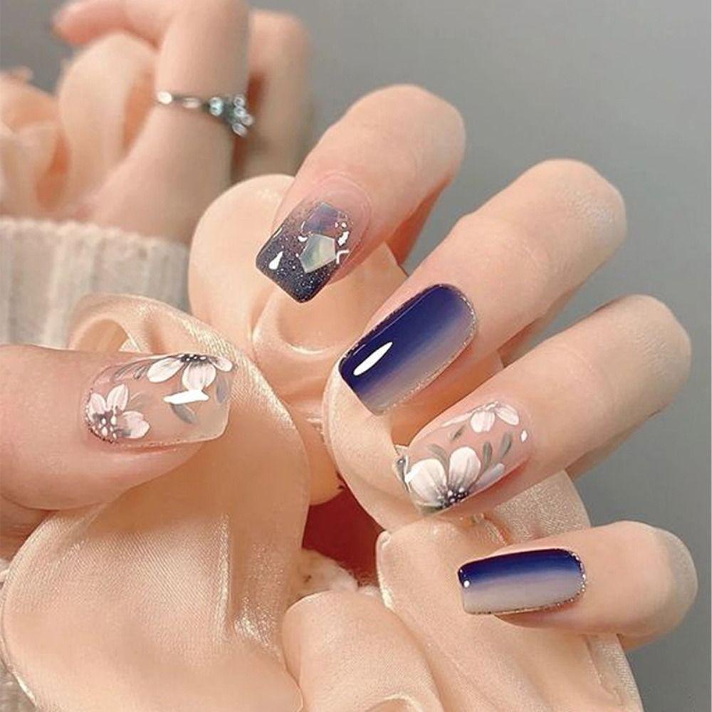 

Manicure Press on Nails Full Cover DIY Fake Nails Square Head French Medium Length