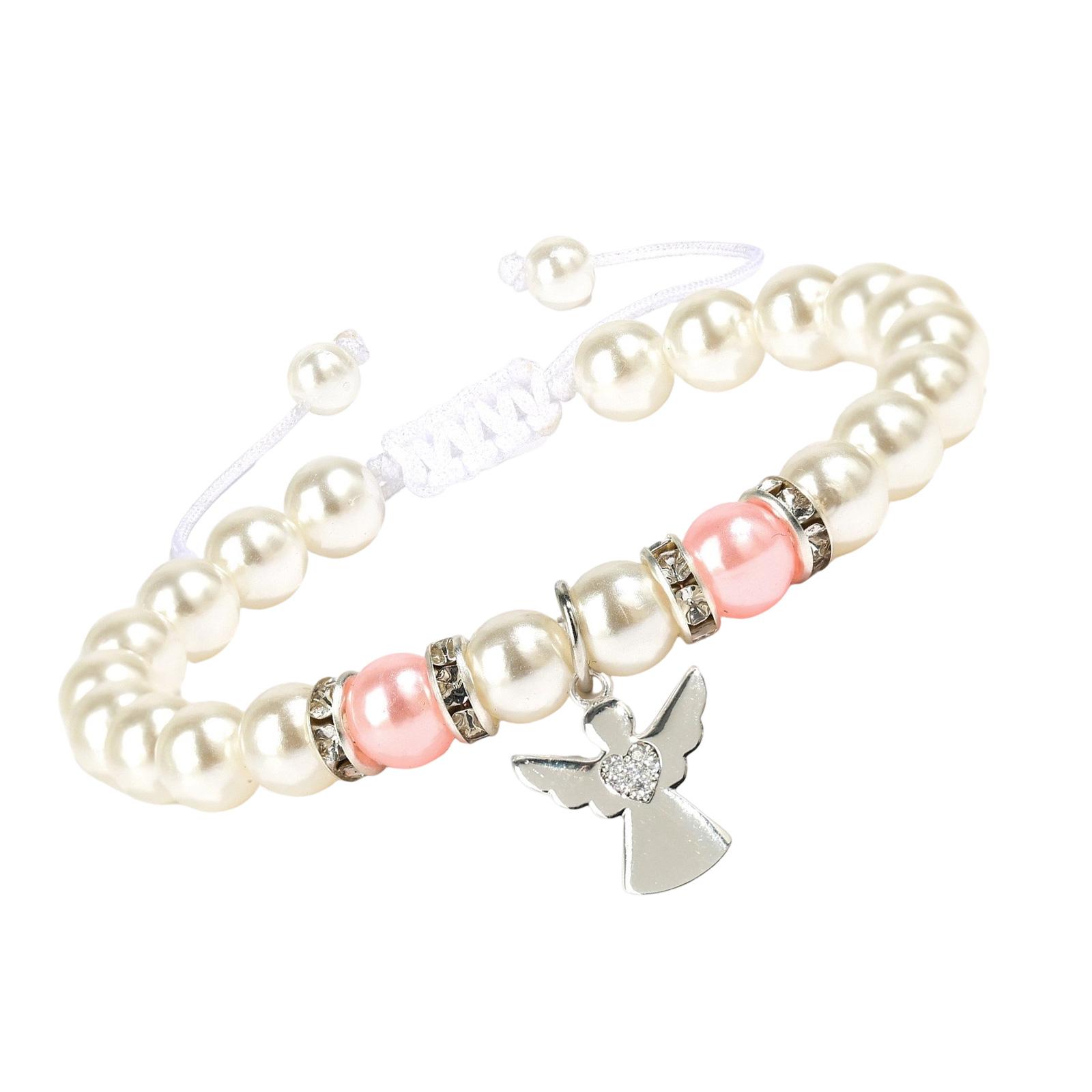 

Элегантный браслет для первого причастия для девочек, серебряный, с ангелом, крестом и жемчугом, подарочный набор с карточкой и тканевым мешочком 1