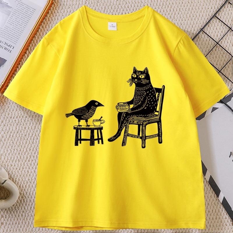 Coffee and Tea with Friends Graphic TShirt Unisex Women Funny Hipster Animal Drawing T Shirt Unique Cat Bird Tshirts Streetwear
