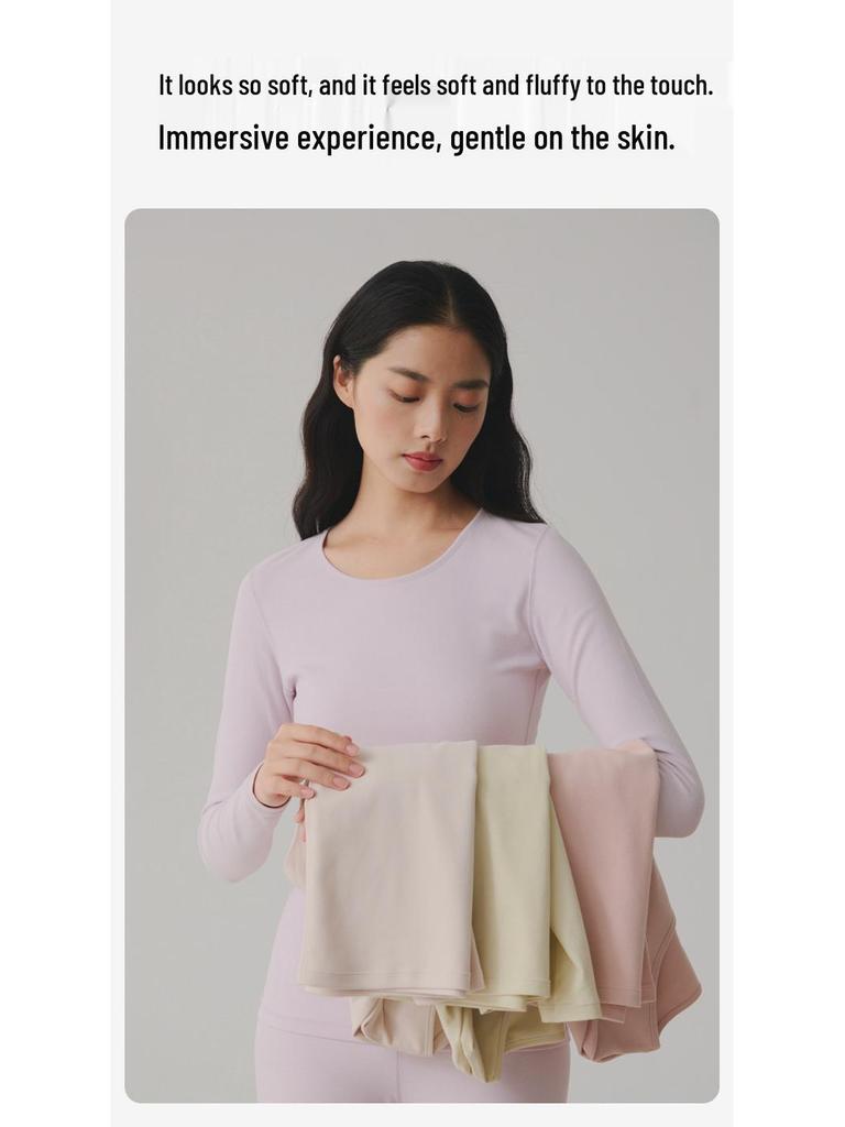 Women's 280g Extra Thick Pure Cotton Antibacterial Double-Brushed Round Neck Thermal Top