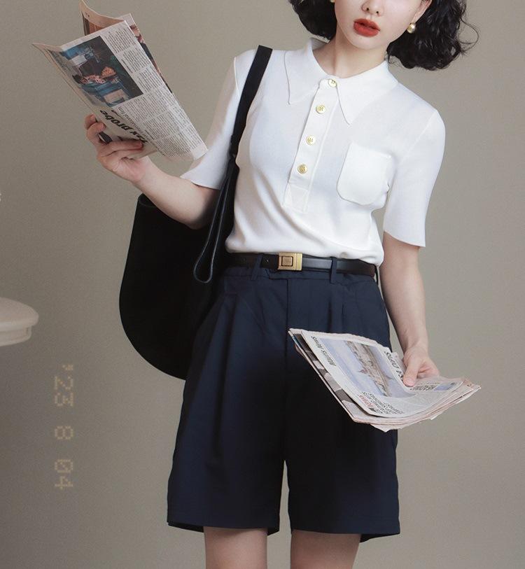 

Polo lapel ice silk knitted sweater short-sleeved women s summer thin and thin temperament pocket t-shirt versatile and half, cardigan One size fits all білий