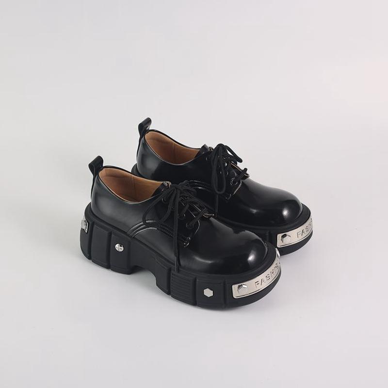 

Fashion Women s new genuine leather cowhide thick soled waterproof platform high heels lace up college style single shoes casual shoes 220 чёрный