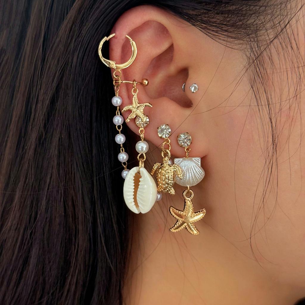 Creative Ocean Style Starfish Scallop Tassel Ear Clips Set Imitation Pearl Vintage Turquoise Pendant Stud Earrings for Women