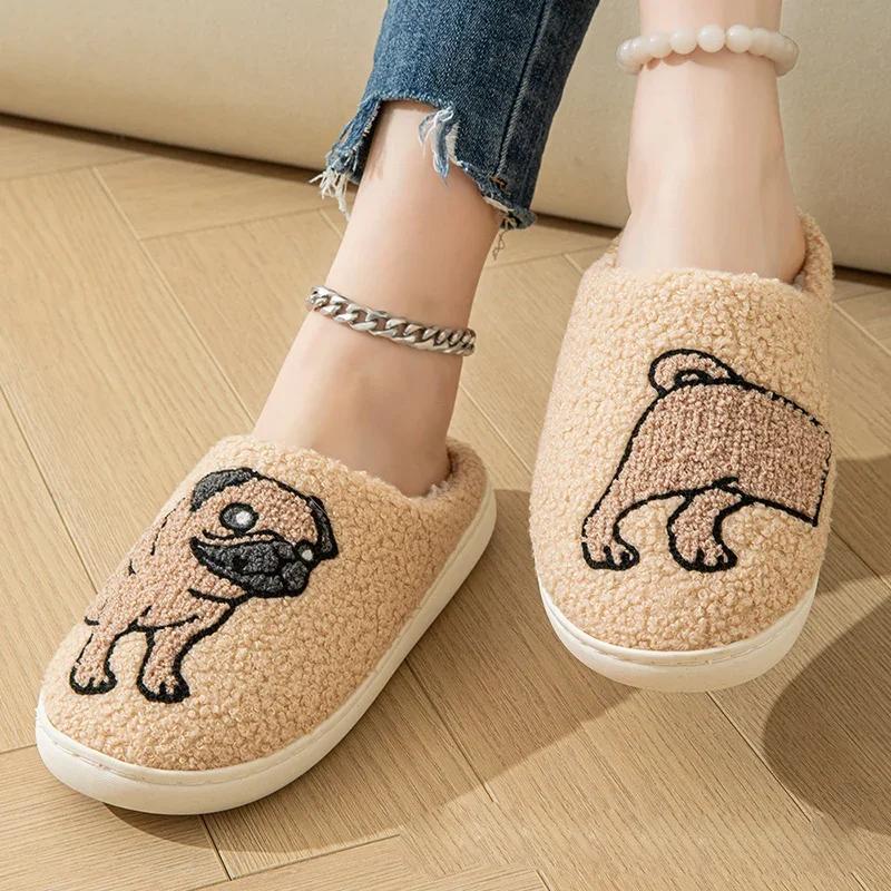 Women's Slippers Cute Cartoon Dog Winter Indoor Men Shoes Warm Non-Slip Good Breathable Comfy Couple Shoes