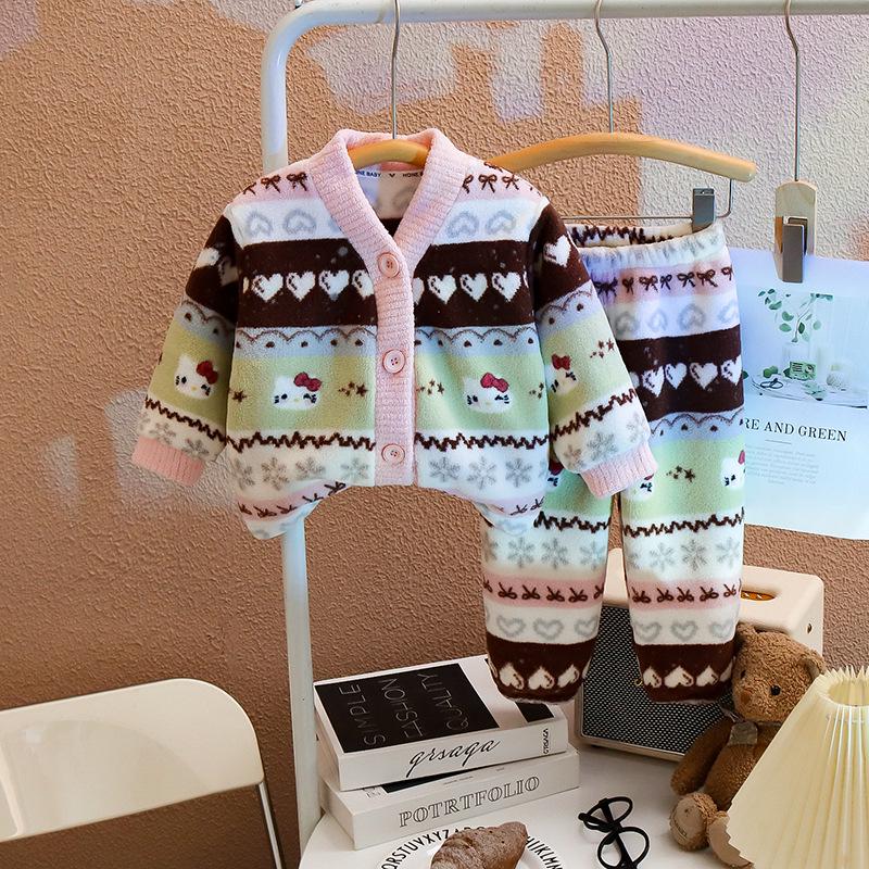 Girls' Velvet Lace Collar Flannel Pajama Set - Autumn/Winter Warmth