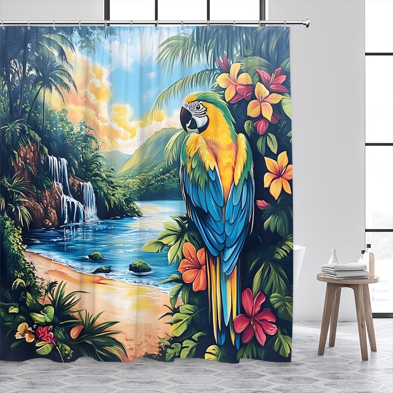 Tropical Jungle Parrot Shower Curtains Green Plant Leaves Flowers Birds Rainforest Scenery Polyester Home Bathroom Curtain Decor
