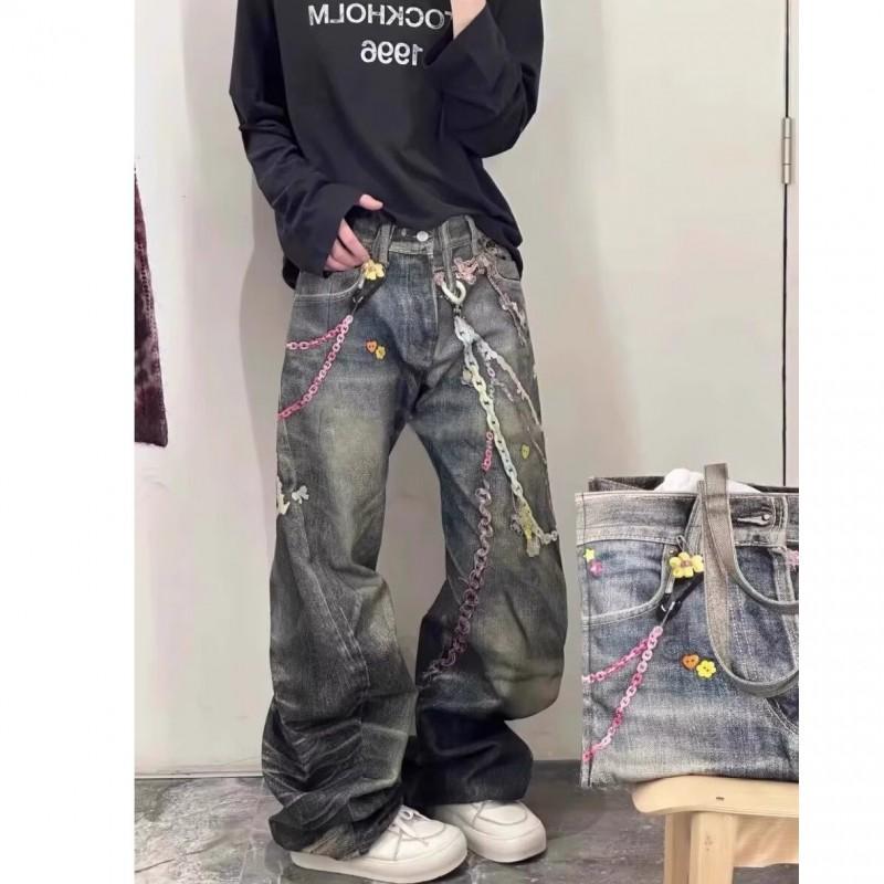 Jeans Denim Donna Vita Alta Gamba Dritta Rilassata Con Stampa Catena 3D Stile Vintage
