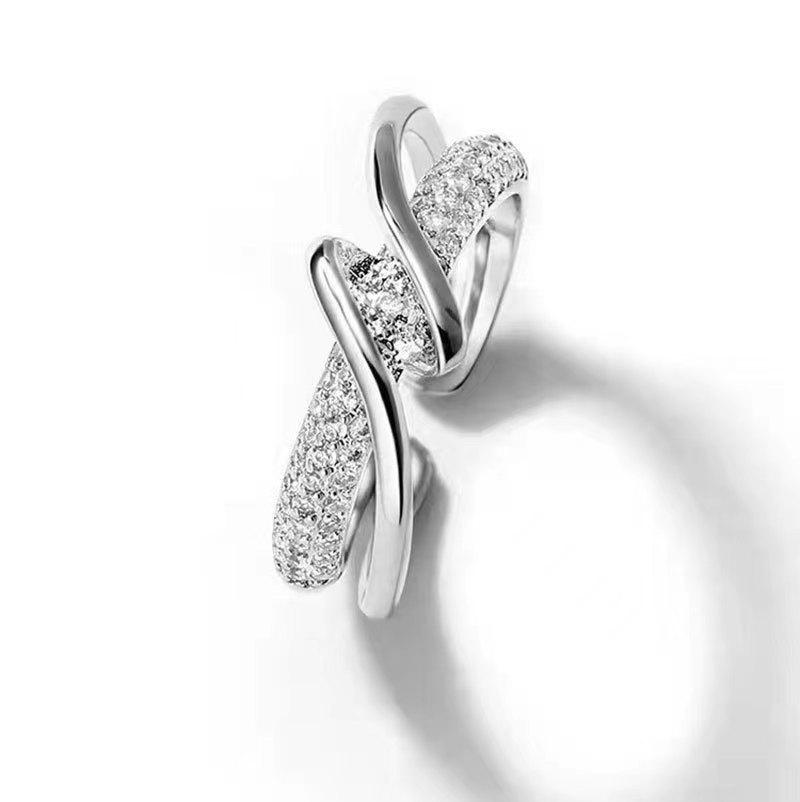 Adjustable Open Band Ring with Twisted Design and Pavé Set Cubic Zirconia for Women Fashion Jewelry Silver Tone One Size