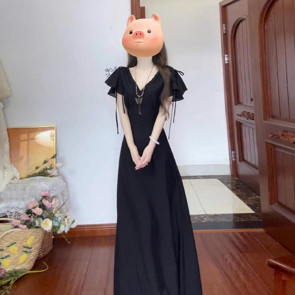 French Hepburn Style Black V-neck Dress Children's Summer 0 New Popular Beautiful Waist Beautiful Long Dress