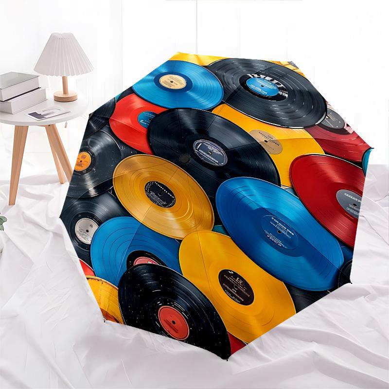 Vinyl Records, Music Collection Themed Automatic Opening and Closing Umbrella, Brightly Colored 8-rib Portable Umbrella, Suitable for Men an