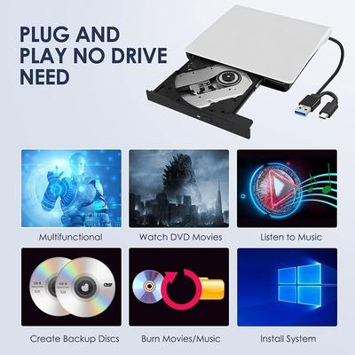 USB3.0 Typ-C Externes CD DVD RW Laufwerk Brenner Tragbarer DVD Player Leser Optische Laufwerke für Laptop PC Windows 11 10 Mac Linux Betriebssystem