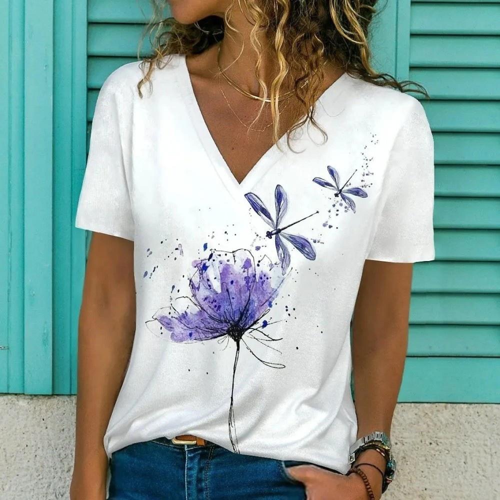 Summer Women Short Sleeve V-Neck Oversized T Shirt For Women Fashion Ladies T-Shirt 3d Flower Dragonfly Print Top Casual Clothes