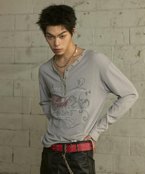 LANARCHIVE [0108] Rivet Henley Neck Zipper Long Sleeve - Gray