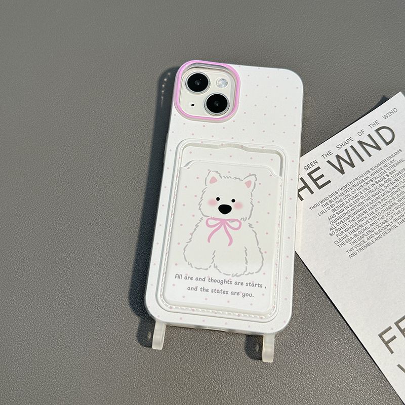 Cute Cartoon Dog Cat Phone Case with Lanyard Card Slot for iPhone 15 14 13 Pro Max Shockproof Cover